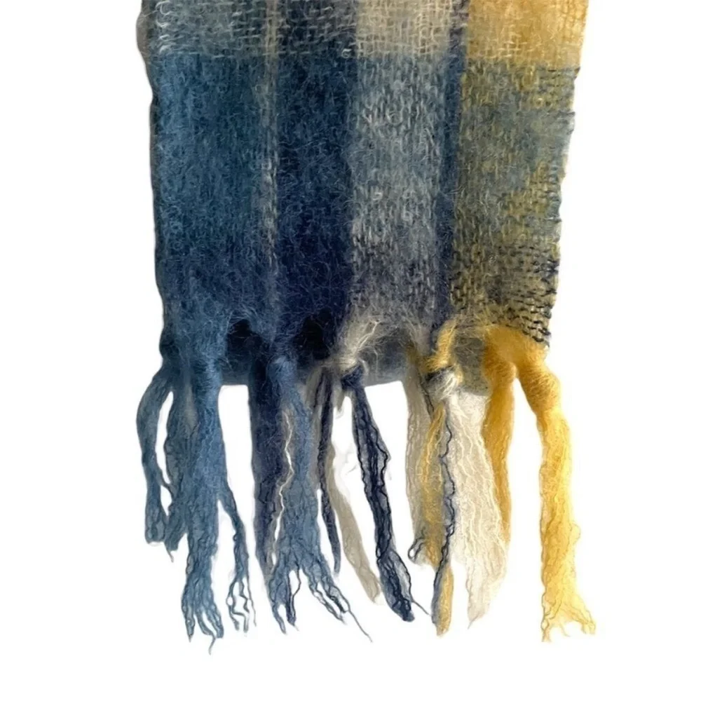 ST ALBANS Australia Pure Mohair Wool Plaid Winter Scarf Yellow Blue Cream